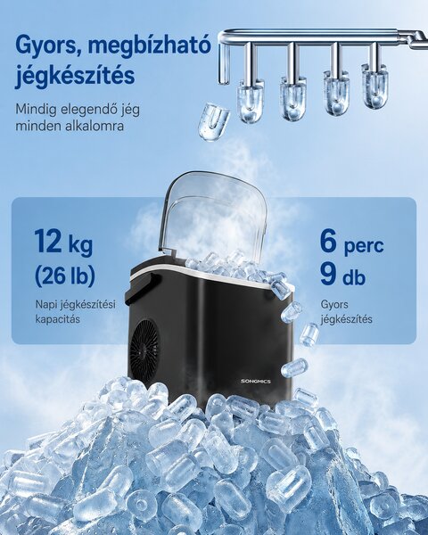 Jégkockakészítő Gép, 12 kg/24h, Öntisztító, Hordozható – Fekete
