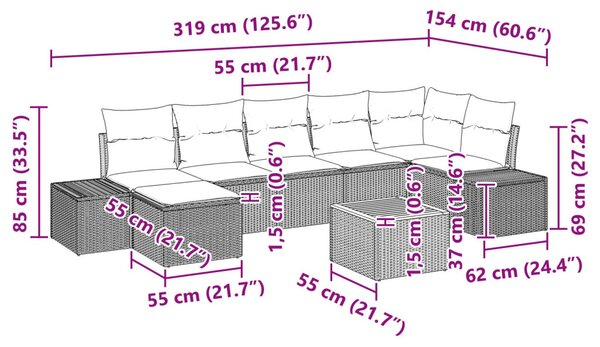 Kerti Kanapé Szett párnával 8 pcs Szürke polirattan