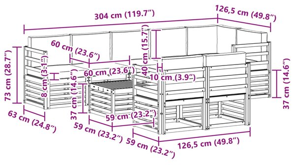 VidaXL Ülőgarnitúrák párnával 9 pcs Fehér és Krém színű Tömör Akácfa