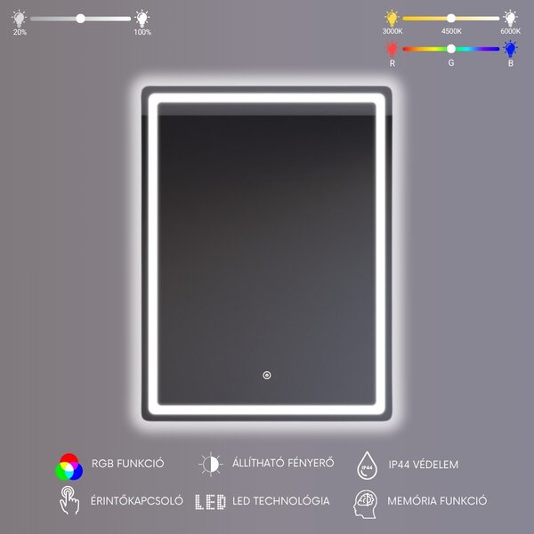 Fürdőszobai LED tükör 60x80cm | Fehér és színes háttérvilágítás - RGB funkciók