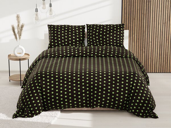 COLAM fekete pamut ágynemű zöld pöttyökkel
