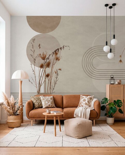 Fotótapéta stílusos geometria és szárított virágok bézs árnyalatokban, Boho stílusú fotótapéta, w03449 : Uwalls.hu