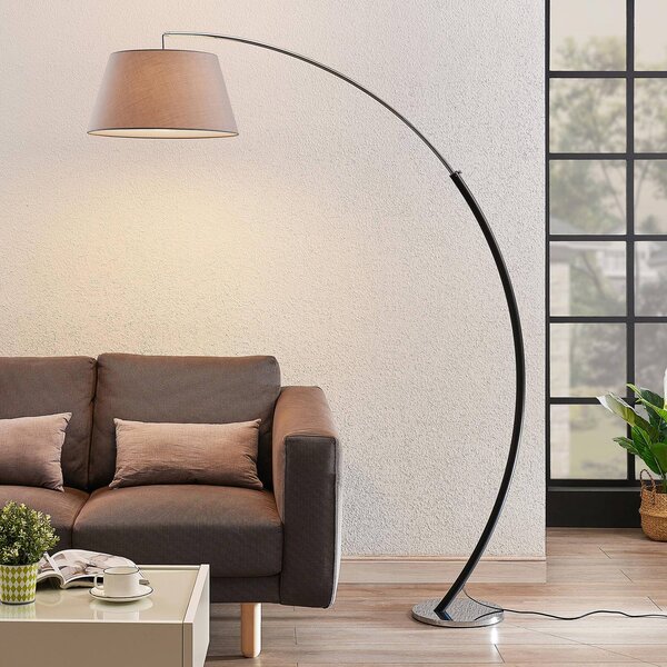Lucande állólámpa Evelyna, szürke/fekete, fém, 192cm, Alu / szürke / cink, Hálószoba, Textil / szövet / selyem, Modern