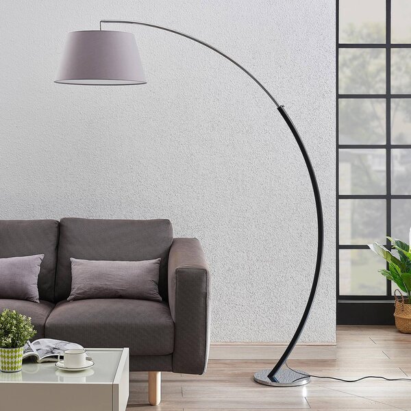 Lucande állólámpa Evelyna, szürke/fekete, fém, 192cm, Alu / szürke / cink, Hálószoba, Textil / szövet / selyem, Modern