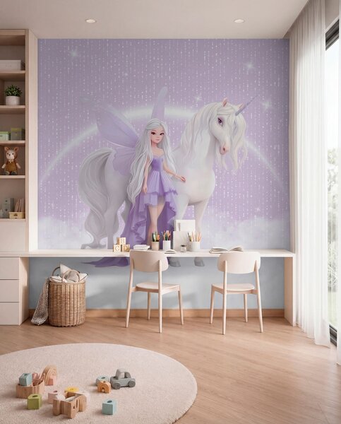 Fotótapéta Egy tündér egyszarvúval a felhők között, Gyerek fotótapéta, Gyerek fotótapéta lányok szobájához, w03527 : Uwalls.hu
