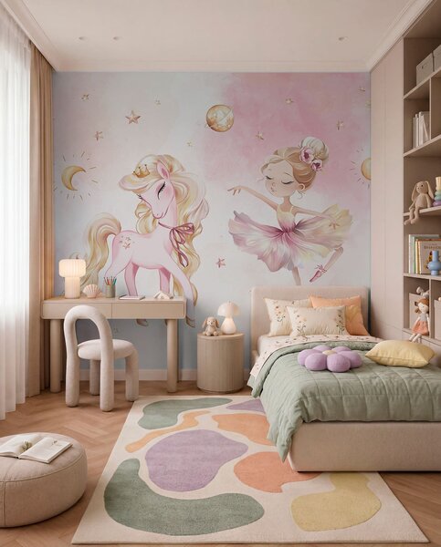 Fotótapéta Egyszarvú és balerina egy rózsaszín tündérmesében, gyermekmese, Gyerek fotótapéta, w04196 : Uwalls.hu