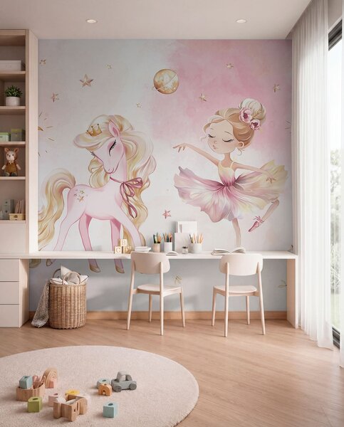 Fotótapéta Egyszarvú és balerina egy rózsaszín tündérmesében, gyermekmese, Gyerek fotótapéta, w04196 : Uwalls.hu