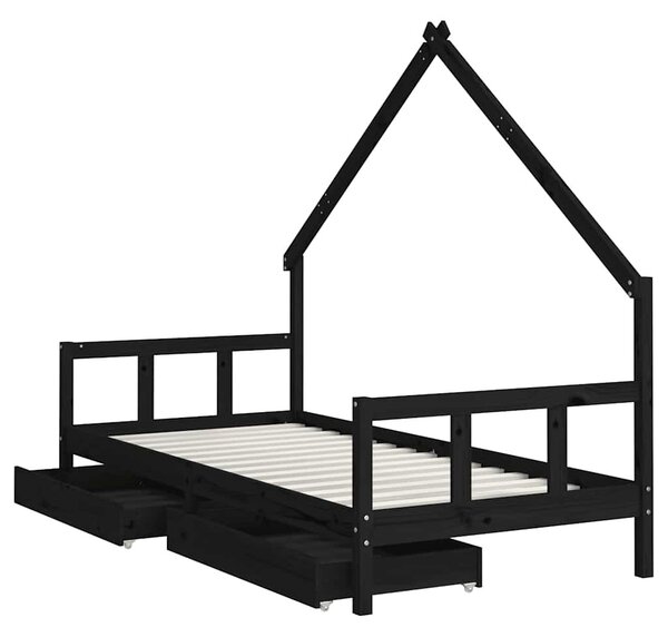 Fekete tömör fenyőfa gyerekágykeret fiókokkal 90 x 200 cm