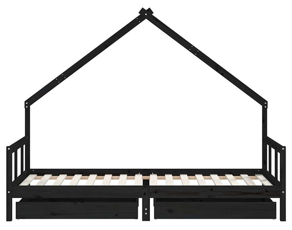 Fekete tömör fenyőfa gyerekágykeret fiókokkal 90 x 200 cm
