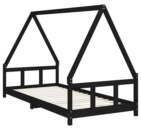 Fekete tömör fenyőfa gyerekágykeret 90 x 200 cm
