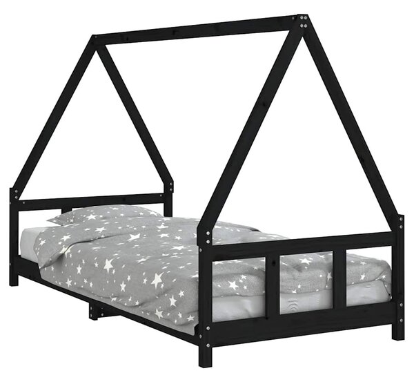 Fekete tömör fenyőfa gyerekágykeret 90 x 200 cm