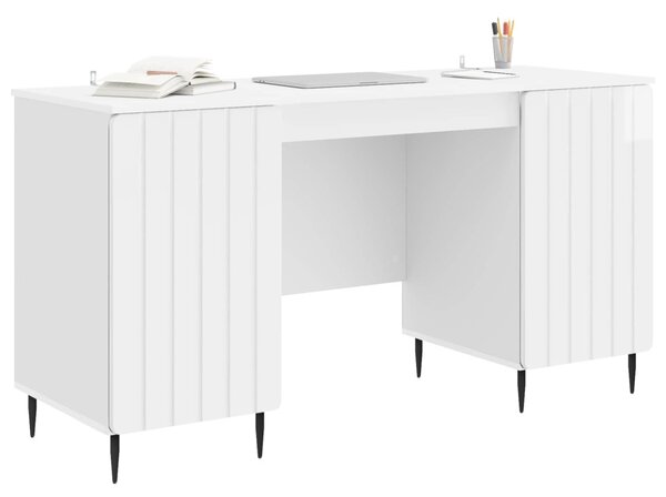 Asztal polcokkal Magasfényű Fehér 142,5 x 50 x 75 cm Szerelt Fa