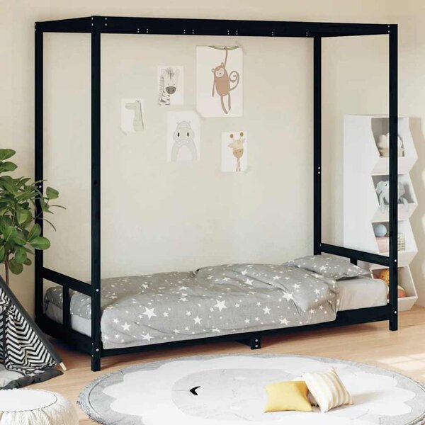 Fekete tömör fenyőfa gyerekágykeret 80 x 200 cm