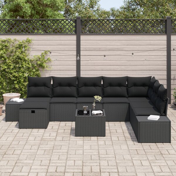 Kerti Kanapé Szett párnával 9 pcs Fekete Poli rattan
