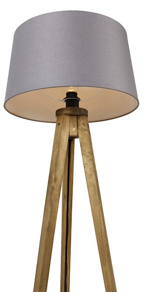 Rusztikus állólámpa vintage fa talppal és lenvászon búrával sötétszürke 45 cm - Tripod Classic
