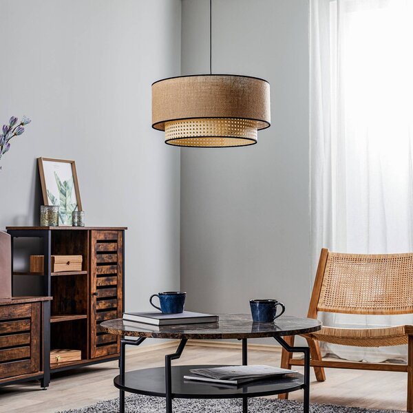 Duolla Boho lógó világítás, barna/fa, átmérő 45 cm, textil/rattan, dimmelhető, Világos fa, Nappali / Étkező, Textil / szövet / selyem, Vidéki otthon / Rusztikus