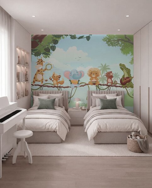Fotótapéta Hangszerekkel játszó állatok trópusi táj előtt, Fotótapéta állatok, w04505 : Uwalls.hu