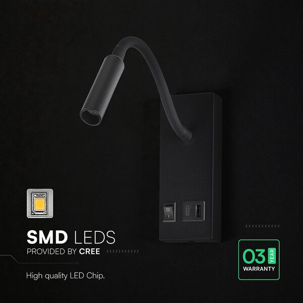 V-TAC CREE SMD LED-es olvasólámpa állítható flexibilis fejjel, USB töltős, meleg fehér - SKU 241516