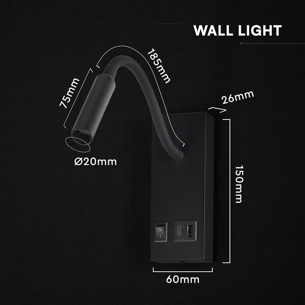 V-TAC CREE SMD LED-es olvasólámpa állítható flexibilis fejjel, USB töltős, meleg fehér - SKU 241516