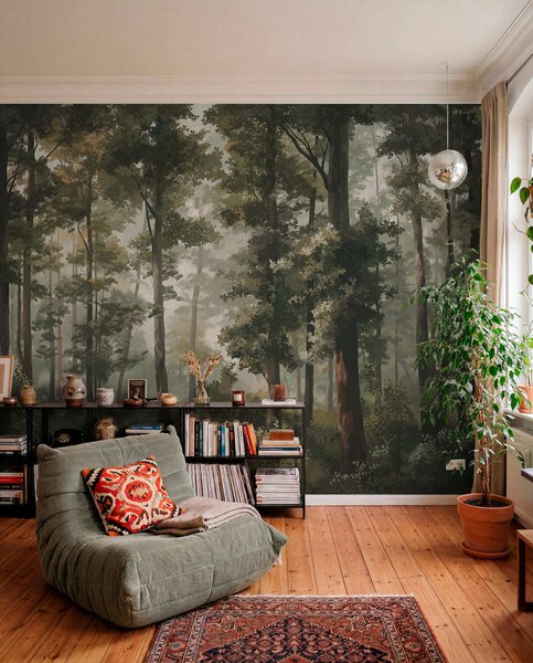 Fotótapéta Erdei illusztráció köddel, magas fákkal és ösvénnyel, Természet fotótapéta, w05089 : Uwalls.hu
