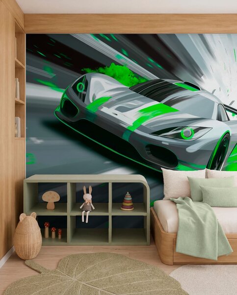 Fotótapéta dinamikus sportautó digitális rajzstílusban, zöld akcentussal, Fotótapéta egyedi, w05069v4 : Uwalls.hu