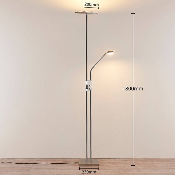 Lindby LED álló lámpa Jonne, szögletes, olvasókar, dimmelhető, 180 cm, dimmelhető, Alu / szürke / cink, Nappali / Étkező, fém, Modern