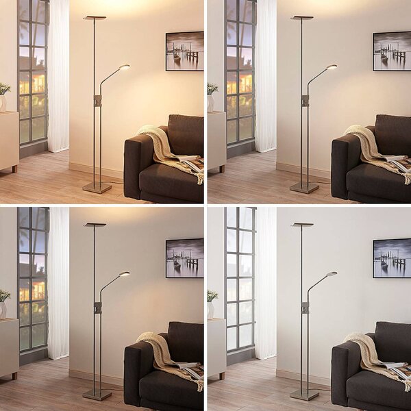Lindby LED álló lámpa Jonne, szögletes, olvasókar, dimmelhető, 180 cm, dimmelhető, Alu / szürke / cink, Nappali / Étkező, fém, Modern