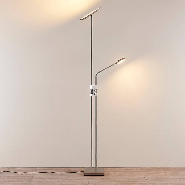 Lindby LED álló lámpa Jonne, szögletes, olvasókar, dimmelhető, 180 cm, dimmelhető, Alu / szürke / cink, Nappali / Étkező, fém, Modern