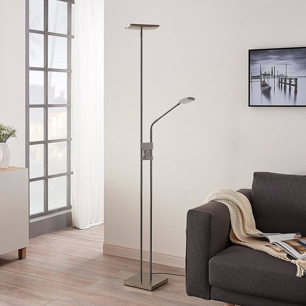 Lindby LED álló lámpa Jonne, szögletes, olvasókar, dimmelhető, 180 cm, dimmelhető, Alu / szürke / cink, Nappali / Étkező, fém, Modern