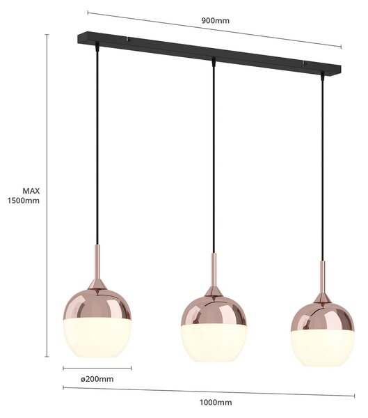 Lindby Rangina függőlámpa, 100 cm, réz, 3 lámpa, üveg, dimmelhető, Réz, Nappali / Étkező, Üveg, Modern