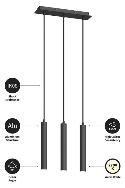 Arcchio LED-es függőlámpa Franka, 3-lámpás, hosszú, fekete, alumínium, Fekete, Nappali / Étkező, Alumínium, Modern