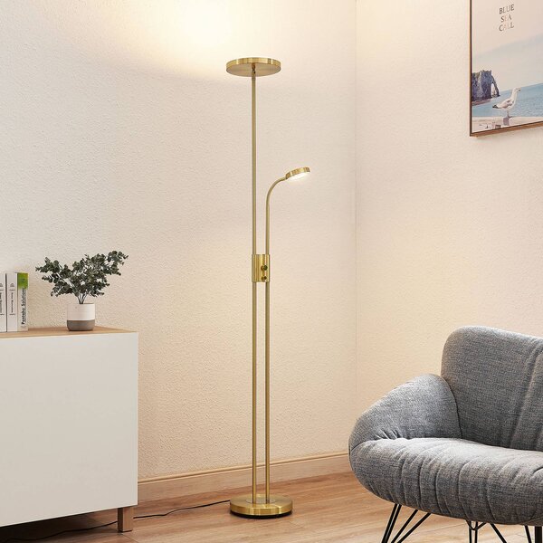 Lindby Seppa LED álló világítás, kerek, sárgaréz, fém, 180 cm, dimmelhető, Sárgaréz / arany, Nappali / Étkező, fém, Modern