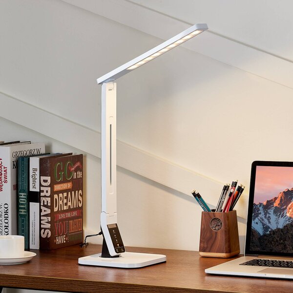 Lindby LED asztali lámpa Eleni, fehér, CCT, dimmelhető, dimmelhető, Fehér / opál, Dolgozószoba / Iroda, Műanyag, Modern