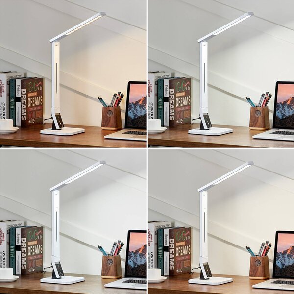 Lindby LED asztali lámpa Eleni, fehér, CCT, dimmelhető, dimmelhető, Fehér / opál, Dolgozószoba / Iroda, Műanyag, Modern