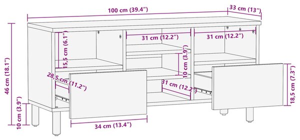 TV szekrény fiókkal Barna 100 x 33,5 x 46 cm Tömör Mangófát