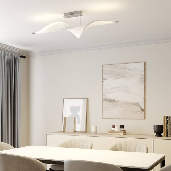 Lucande LED-es mennyezeti lámpa Edano, 122 cm, fehér, textil, fényerőszabályzó, dimmelhető, Fehér / opál, Nappali / Étkező, Textil / szövet / selyem, Modern