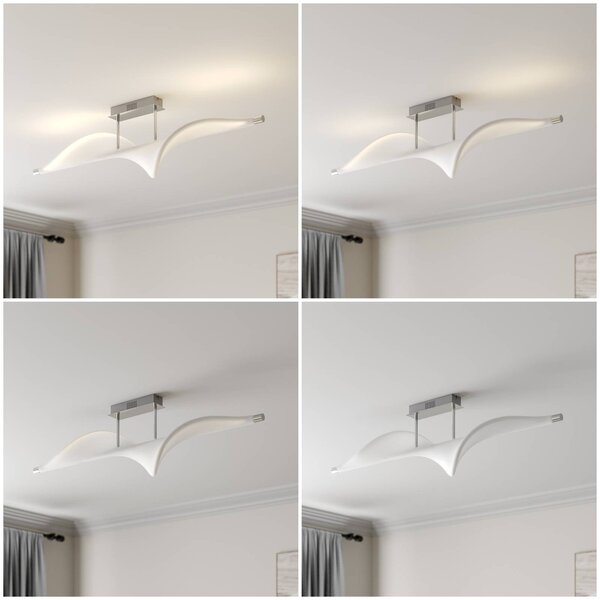Lucande LED-es mennyezeti lámpa Edano, 122 cm, fehér, textil, fényerőszabályzó, dimmelhető, Fehér / opál, Nappali / Étkező, Textil / szövet / selyem, Modern