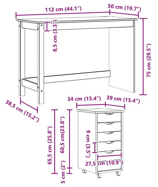 Íróasztal és gurulós szekrény szett MOSS 2 pcs Barna