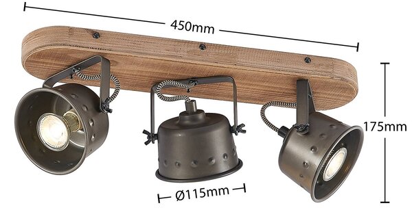 Lindby Rubinjo mennyezeti spotlámpa, 45 cm, 3 lámpás, fa, GU10, dimmelhető, Fekete, Nappali / Étkező, fém, Vintage