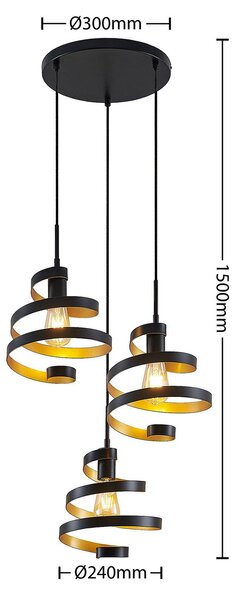 Lindby Colten függőlámpa, Ø 50 cm, 3-as lámpa, fekete, arany, dimmelhető, Fekete, Nappali / Étkező, fém, Dizájn