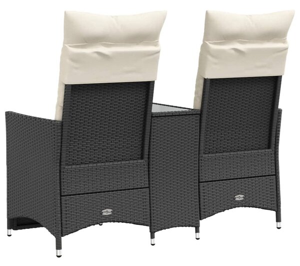 2 személyes fekete polyrattan dönthető kerti kanapé asztallal