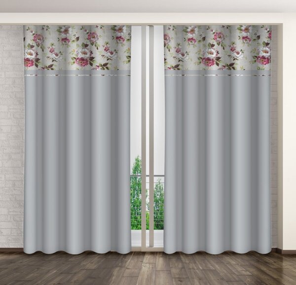 Szürke függönyök virágos dekoratív csíkkal Hossz: 250 cm