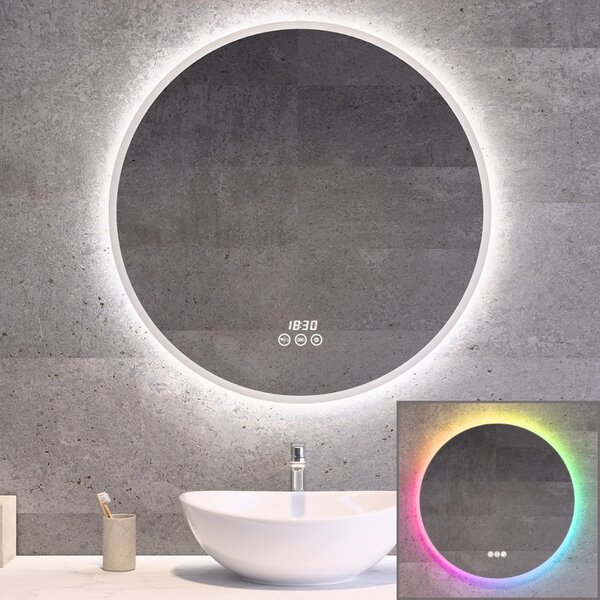 Kerek LED tükör Ø70cm Welland Alpha | RGB funkció - Páramentesítő - Óra - Fényerő + színhőfok állítás