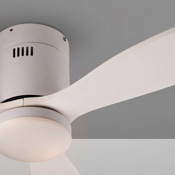 Schuller Valencia LED mennyezeti ventilátor Siroco Mini, DC, csendes, fehér, CCT, dimmelhető, Fehér / opál, Nappali / Étkező, Fa, Modern