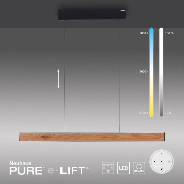 PURE LED függő világítás E-Motion, tölgy/fekete gyöngyház, CCT, dimmelhető, Világos fa, Nappali / Étkező, Alumínium, Modern