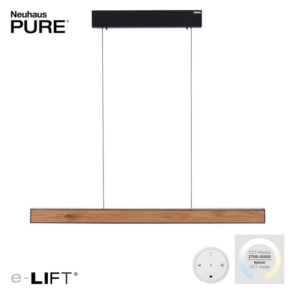 PURE LED függő világítás E-Motion, tölgy/fekete gyöngyház, CCT, dimmelhető, Világos fa, Nappali / Étkező, Alumínium, Modern