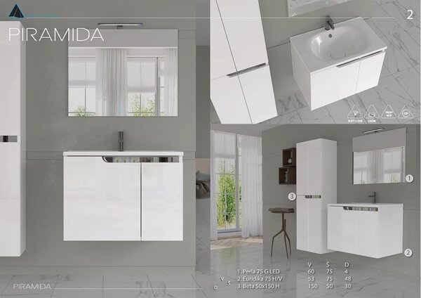 Piramida EURIDIKA fali fürdőszobabútor - műmárvány mosdóval -2 ajtós - 75 x 48 x 53 cm
