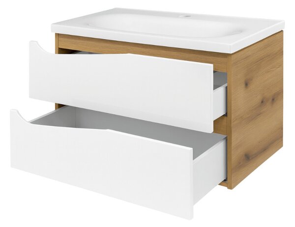 Piramida EURIDIKA fali fürdőszobabútor - műmárvány mosdóval -2 fiókos - ALPINFEHÉR-TÖLGY - 75 x 48 x 55 cm