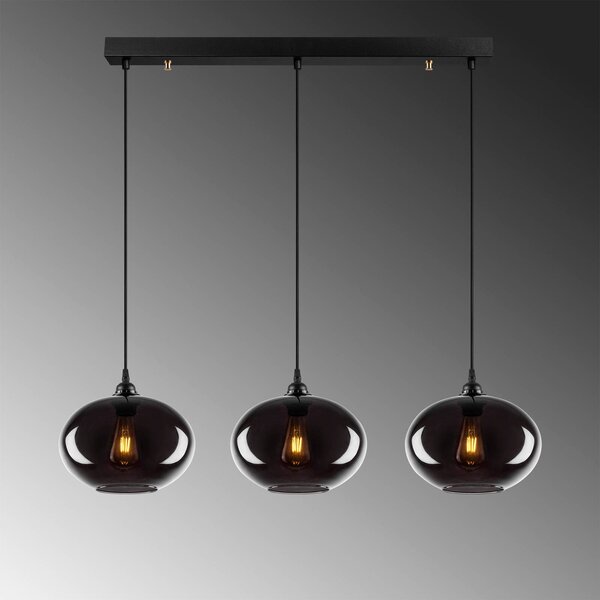 Opviq Akasztólámpa Füstölt 052 3-lámpás lineáris üveg Ø27cm, dimmelhető, Alu / szürke / cink, Nappali / Étkező, Üveg, Modern