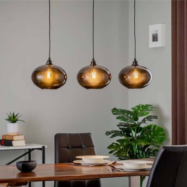 Opviq Akasztólámpa Füstölt 052 3-lámpás lineáris üveg Ø27cm, dimmelhető, Alu / szürke / cink, Nappali / Étkező, Üveg, Modern